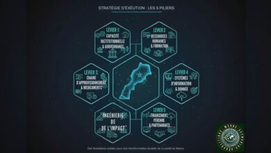 Infographie circulaire avec une carte du Maroc au centre, entourée de cinq hexagones interconnectés, chacun représentant un levier d'exécution. Les leviers sont : "LEVIER 1 : CAPACITÉ INSTITUTIONNELLE & GOUVERNANCE", "LEVIER 2 : RESSOURCES HUMAINES & FORMATION", "LEVIER 3 : CHAÎNE D'APPROVISIONNEMENT & MÉDICAMENTS", "LEVIER 4 : SYSTÈMES D'INFORMATION & DONNÉES", "LEVIER 5 : FINANCEMENT PÉRENNE & PARTENARIATS". Chaque hexagone contient des icônes pertinentes.