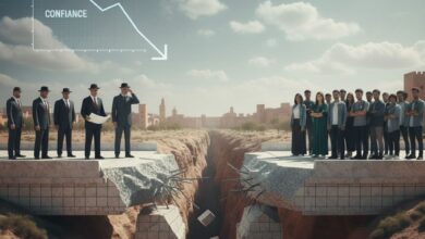 Un fossé béant sépare des hommes en costume (classe politique) et un groupe de jeunes (Génération Z) devant un paysage urbain marocain, avec un graphique de confiance en baisse.