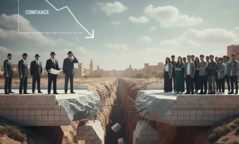 Un fossé béant sépare des hommes en costume (classe politique) et un groupe de jeunes (Génération Z) devant un paysage urbain marocain, avec un graphique de confiance en baisse.