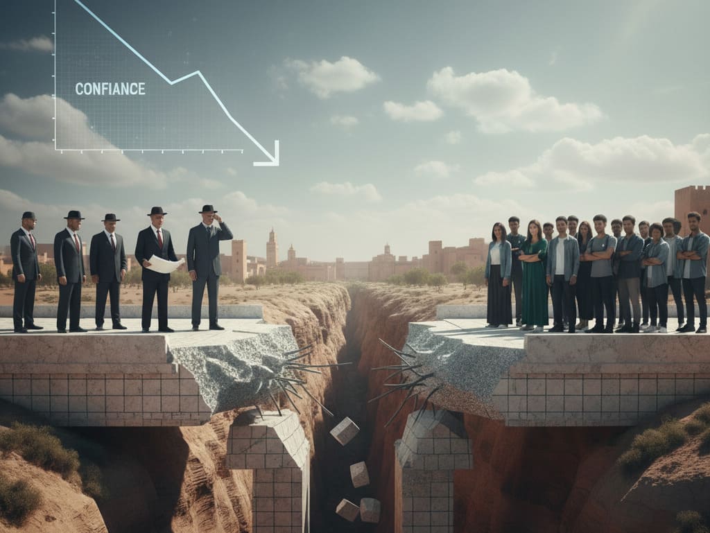 Un fossé béant sépare des hommes en costume (classe politique) et un groupe de jeunes (Génération Z) devant un paysage urbain marocain, avec un graphique de confiance en baisse.