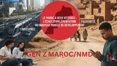 Image divisée entre une ville moderne (croissance) et un village pauvre (pauvreté) au Maroc, avec des jeunes et le thème de l'échec du NMD