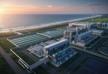 Vue aérienne d'une usine moderne de dessalement et de traitement des eaux usées sur une côte, avec des éoliennes et des panneaux solaires en arrière-plan, symbolisant les ressources non conventionnelles et l'énergie verte.