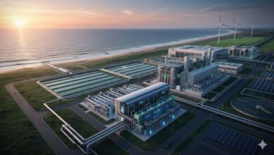 Vue aérienne d'une usine moderne de dessalement et de traitement des eaux usées sur une côte, avec des éoliennes et des panneaux solaires en arrière-plan, symbolisant les ressources non conventionnelles et l'énergie verte.