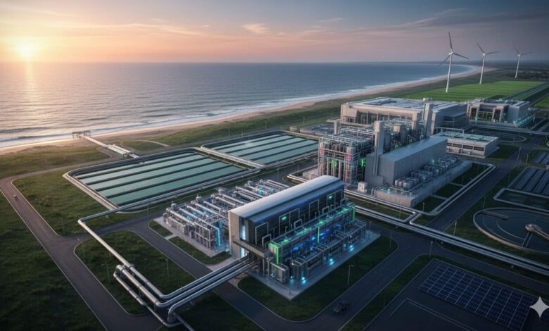 Vue aérienne d'une usine moderne de dessalement et de traitement des eaux usées sur une côte, avec des éoliennes et des panneaux solaires en arrière-plan, symbolisant les ressources non conventionnelles et l'énergie verte.