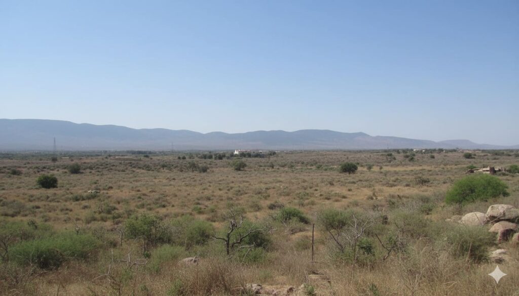 Un paysage marocain sec et désertique, avec des montagnes lointaines sous un ciel clair, illustrant la vulnérabilité du pays face à la raréfaction de l'eau et aux changements climatiques.