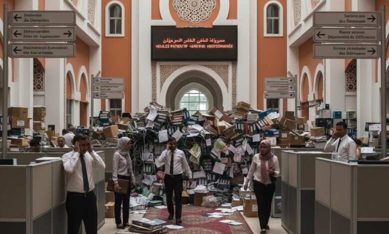 Un grand hall de bureau moderne au Maroc, avec des murs orange et des arches décoratives. Un tapis rouge s'étend au centre, menant à une montagne de dossiers papier et de boîtes qui bloque l'accès. Des employés vêtus de chemises blanches et de tenues traditionnelles naviguent, certains au téléphone, semblant accablés par la paperasse. Des panneaux directionnels bilingues sont visibles. L'ambiance est celle d'une inertie et d'une surcharge bureaucratique.