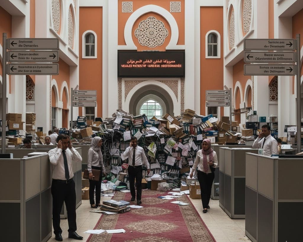 Un grand hall de bureau moderne au Maroc, avec des murs orange et des arches décoratives. Un tapis rouge s'étend au centre, menant à une montagne de dossiers papier et de boîtes qui bloque l'accès. Des employés vêtus de chemises blanches et de tenues traditionnelles naviguent, certains au téléphone, semblant accablés par la paperasse. Des panneaux directionnels bilingues sont visibles. L'ambiance est celle d'une inertie et d'une surcharge bureaucratique.
