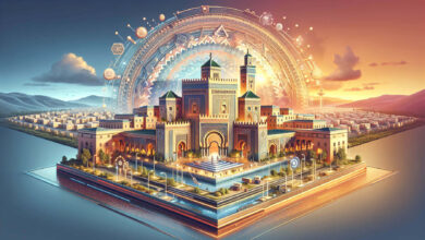 Symboles marocains traditionnels fusionnant avec modernité technologique