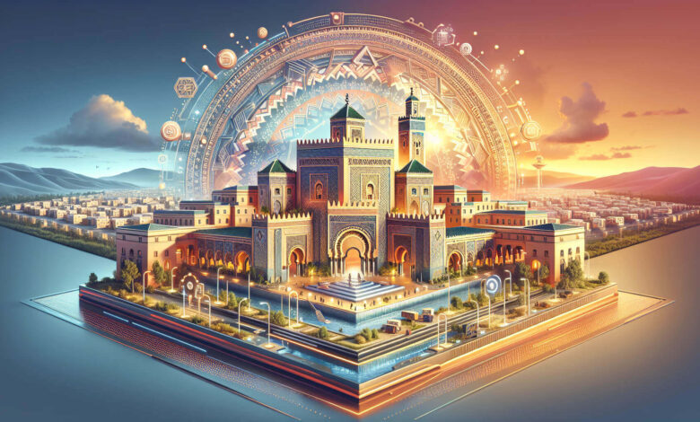 Symboles marocains traditionnels fusionnant avec modernité technologique