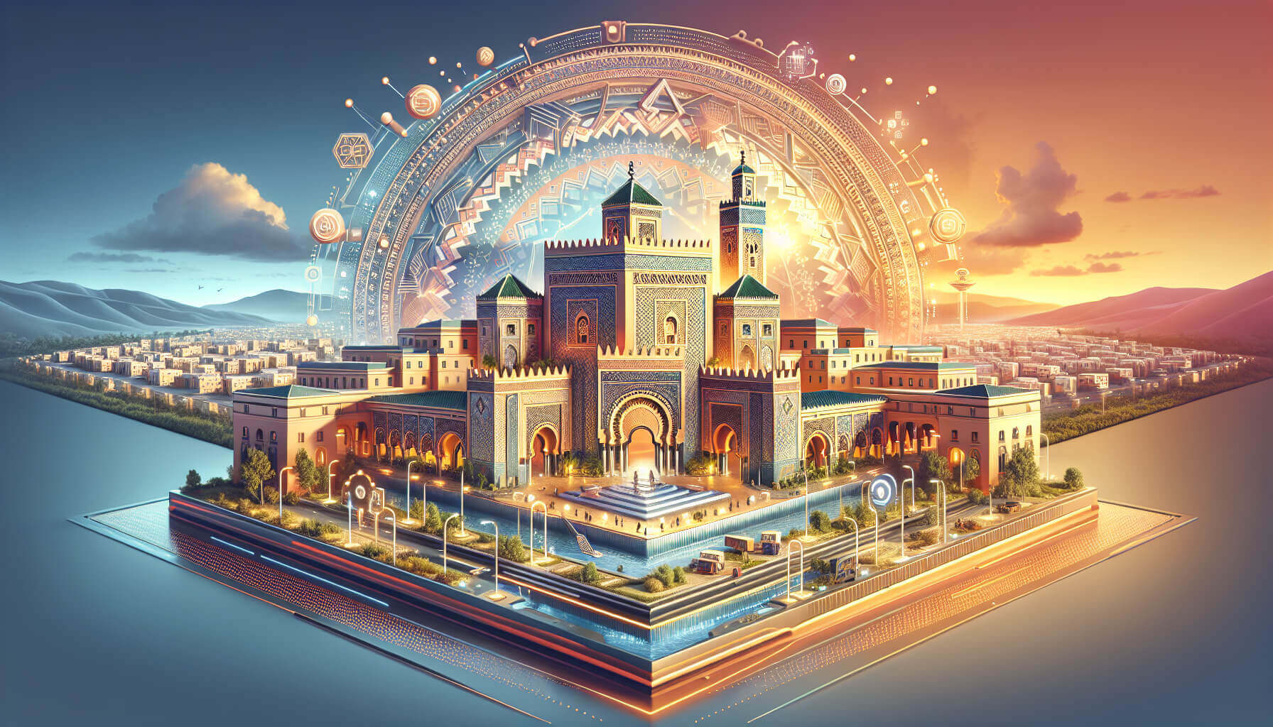 Symboles marocains traditionnels fusionnant avec modernité technologique