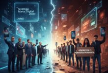 Une image scindée en deux par un éclair de lumière numérique. À gauche, un groupe d'hommes en costume, représentant les décideurs, pointent vers des écrans flottants affichant "Stratégie Maroc Digital 2030" et "NMD", ainsi que des téléphones affichant des messages de succès numérique. À droite, un groupe de jeunes de la "Génération Z", certains tenant des pancartes avec des messages de contestation comme "#ONVEUTDUVRAIDIGITAL" ou des téléphones montrant des erreurs et des messages de service non disponible, symbolisant la fracture numérique et le manque d'accès. Le côté gauche est futuriste et lumineux, tandis que le côté droit est plus sombre, avec des câbles emmêlés et des débris technologiques.