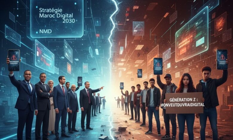 Une image scindée en deux par un éclair de lumière numérique. À gauche, un groupe d'hommes en costume, représentant les décideurs, pointent vers des écrans flottants affichant "Stratégie Maroc Digital 2030" et "NMD", ainsi que des téléphones affichant des messages de succès numérique. À droite, un groupe de jeunes de la "Génération Z", certains tenant des pancartes avec des messages de contestation comme "#ONVEUTDUVRAIDIGITAL" ou des téléphones montrant des erreurs et des messages de service non disponible, symbolisant la fracture numérique et le manque d'accès. Le côté gauche est futuriste et lumineux, tandis que le côté droit est plus sombre, avec des câbles emmêlés et des débris technologiques.